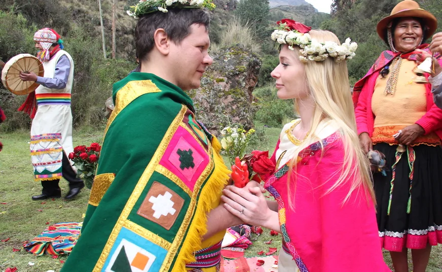 Andean marriage blessing ceremony in Cusco with sacred offerings