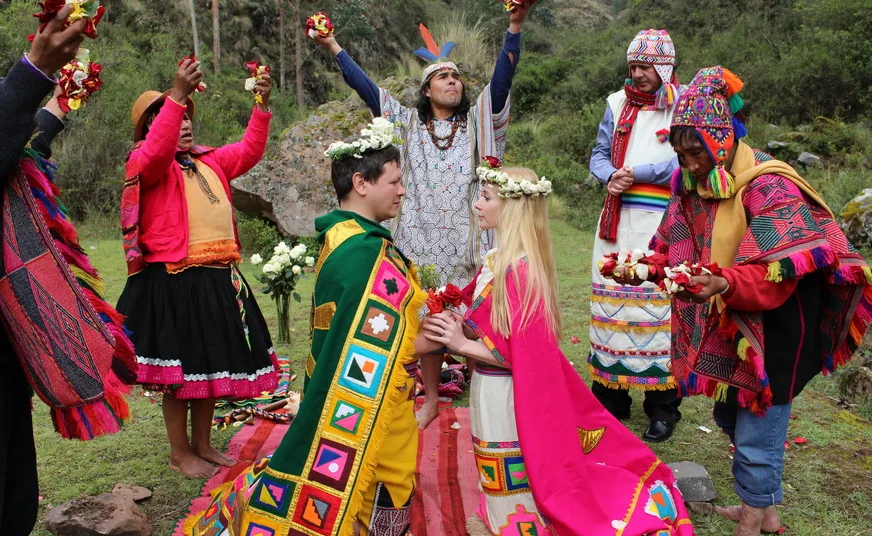 Spiritual Inka marriage ceremony in Peru with authentic shamans