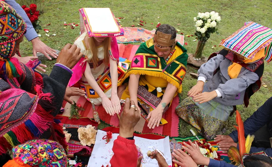 Traditional Inka marriage ceremony in Cusco, Peru with native shamans